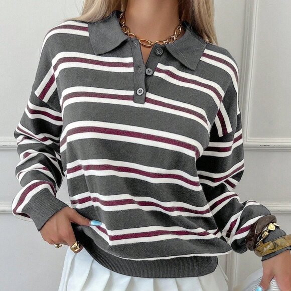 Dark Grey Women's Striped collar knit Sweater top - Picture 6 of 6